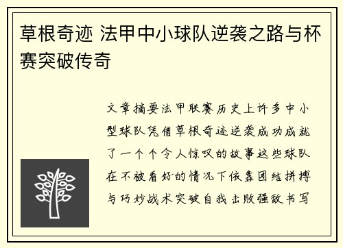 草根奇迹 法甲中小球队逆袭之路与杯赛突破传奇