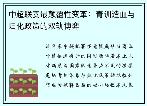 中超联赛最颠覆性变革：青训造血与归化政策的双轨博弈
